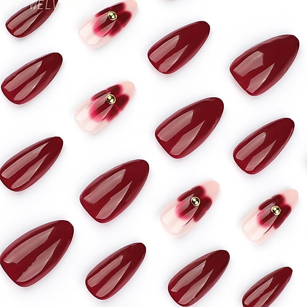{WELV}Minimalist Red Almond Flower Press On Nails Short Wearable Artificial Nails