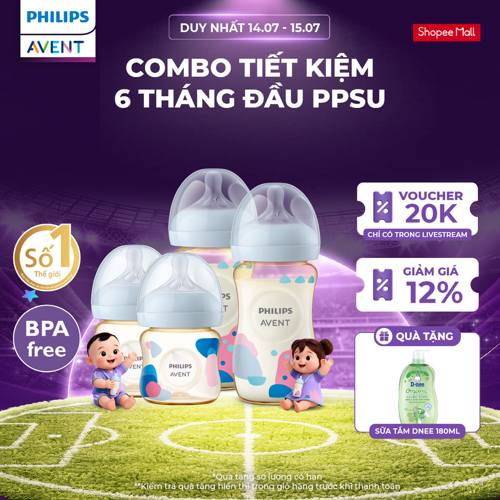Combo tiết kiệm 6 tháng đầu PPSU - 4 Bình sữa mô phỏng tự nhiên PPSU Philips Avent 125ml & 260ml