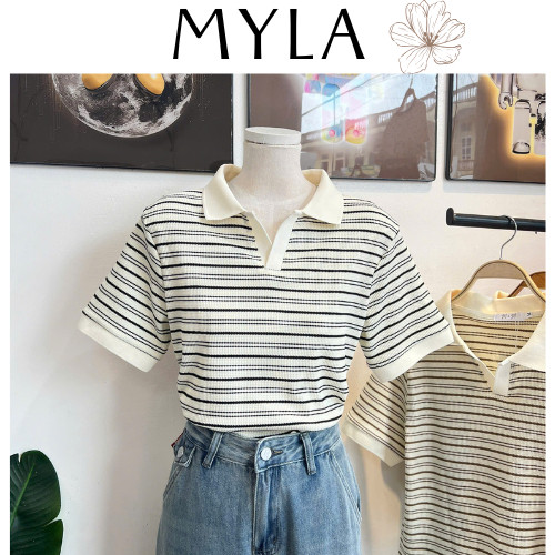 Myla Vietnam - P1 Áo Polo nữ cổ V kẻ ngang chất liệu cotton co giãn basic dễ phối