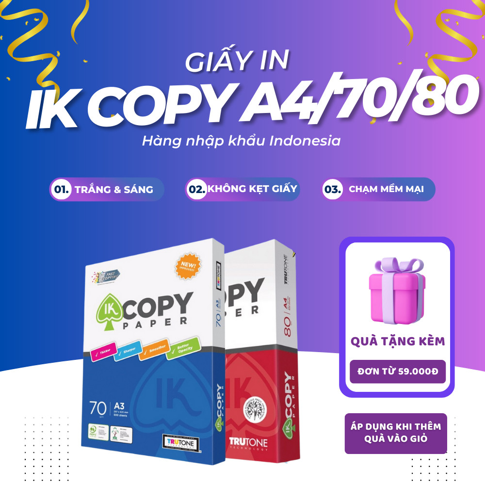 Giấy A4, giấy in A4 70/80gsm cao cấp Thiên Long IK Copy - Giấy in photo A4 500 tờ đều màu không gợn