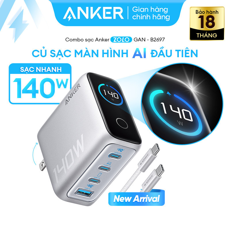 Bộ sạc nhanh Anker ZoLo 140W (4 cổng, GaN) sạc được cho laptop- 3 USB-C PD & 1 USB-A - B2697