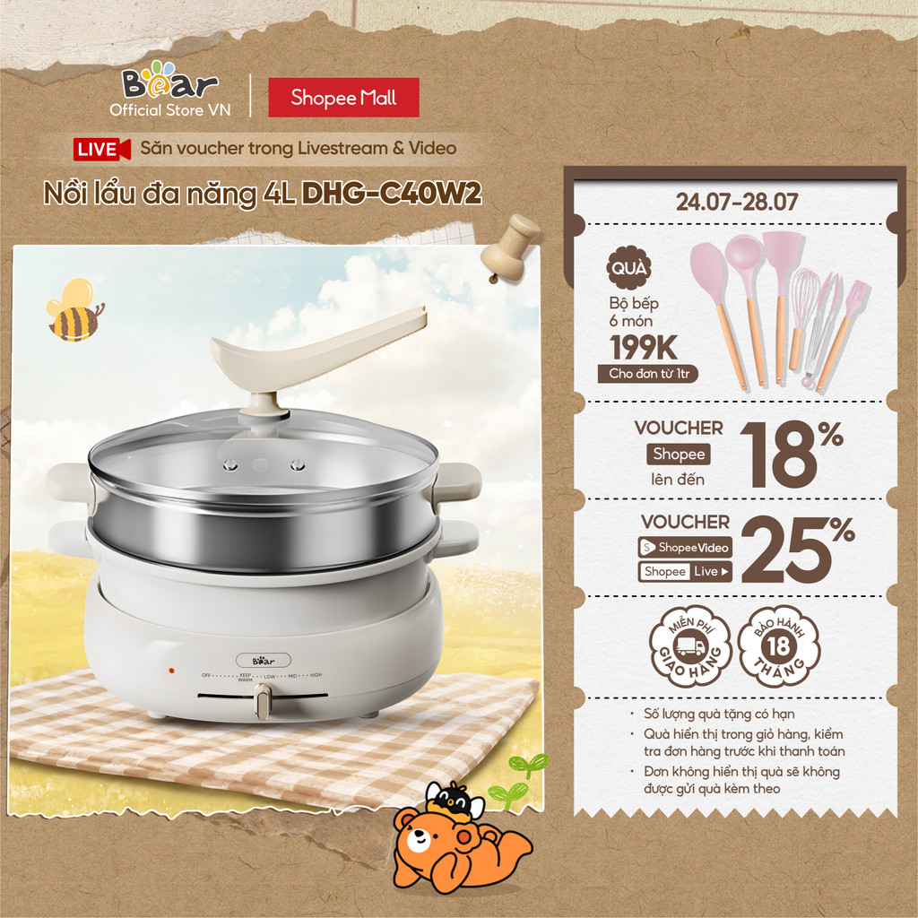 Bộ Nồi Lẩu Nướng Bear 3 khay 3in1 DHG-C40W2 - Hàng Chính Hãng
