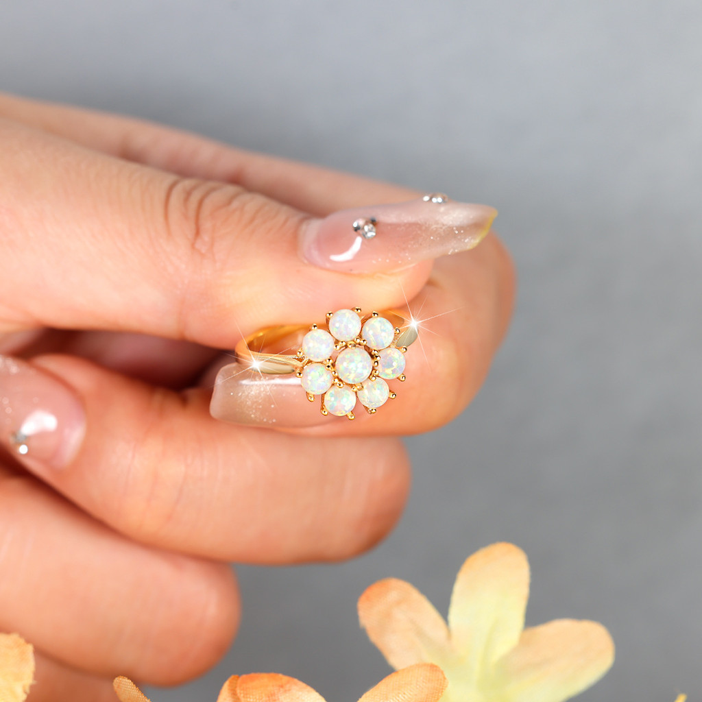 Vàng Tám Tròn Đá Opal Nhẫn Nhóm Kẻ Sọc Trắng Opal Hình Hoa Nữ Ánh Sáng Sang Trọng Nhẫn WJG