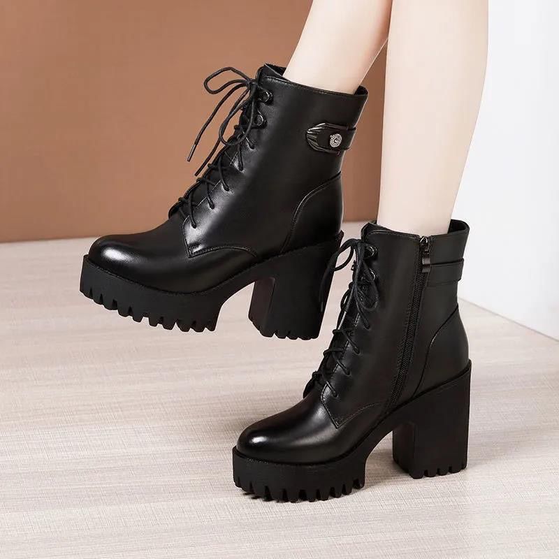 High Heel Martin Boots Women Faux Fur Lace-up Round Toe Platform Ankle Boots