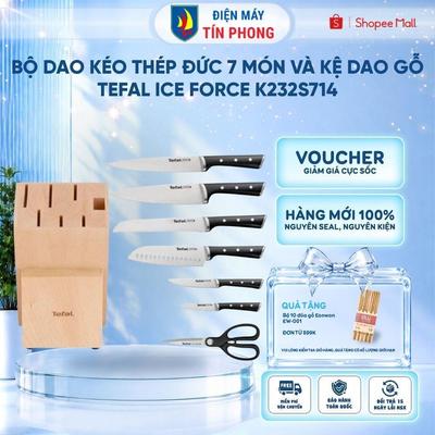 Bộ dao kéo thép Đức 7 món và kệ dao gỗ Tefal Ice Force K232S714, 9cm/11cm/18cm/20cm/20cm/20cm