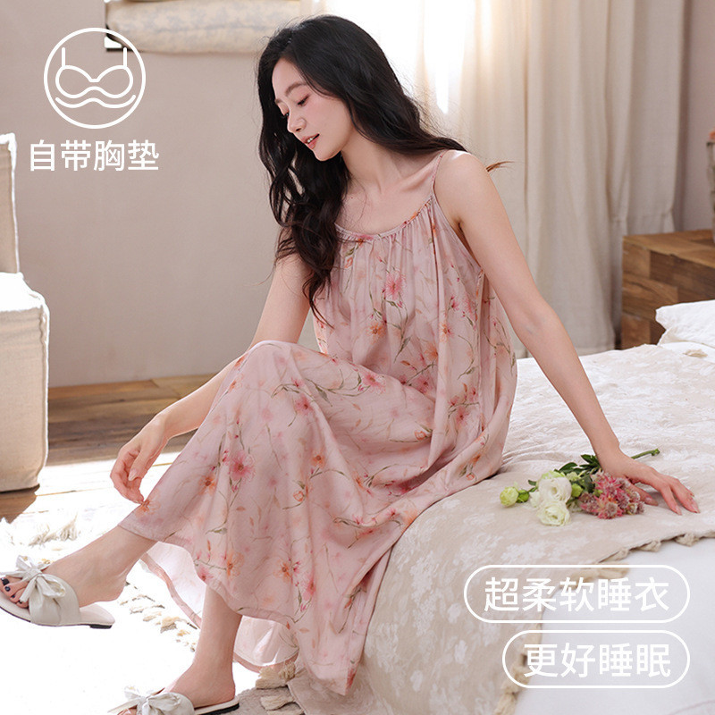 Dây Đeo Mỏng Váy Ngủ Tencel Bộ Đồ Ngủ Đi Kèm Miếng Lót Ngực Bộ Đồ Ngủ Vải Thoải Mái Váy Nữ Có Miếng 