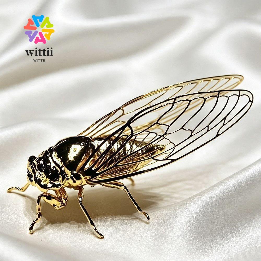 WITTII Golden Cicada Figurine, Vàng Thực Tế Chi Tiết Điêu Khắc Cicada, Cánh Rỗng Phong Cách Vintage 