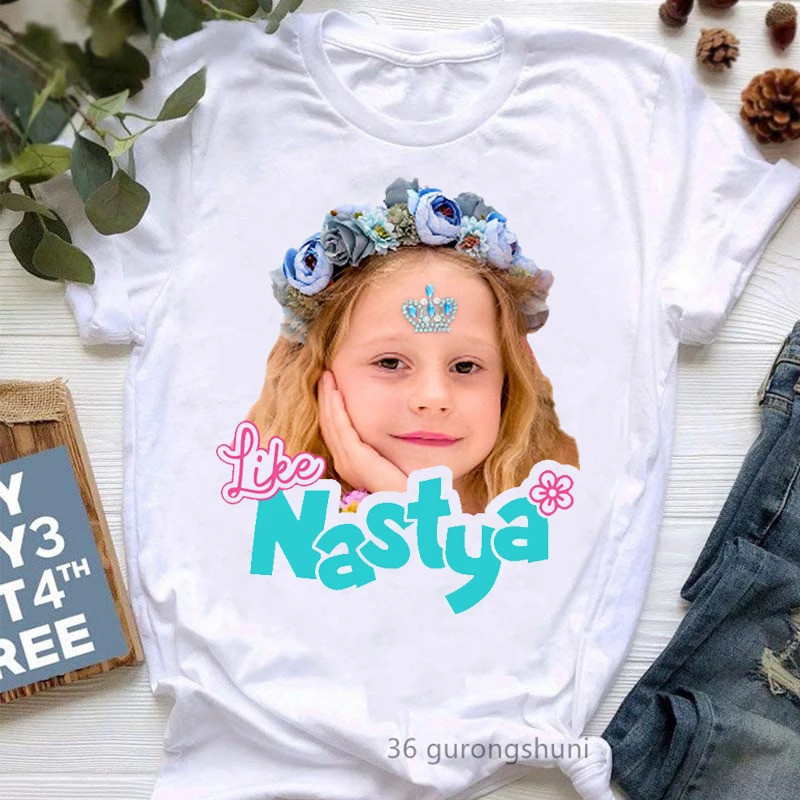 Nastya Đồ Chơi Nữ In Hình Áo Thun Ngộ nghĩnh Trắng Bông Tai Kẹp Phong Cách Dễ Thương Hip Hop Quần Áo