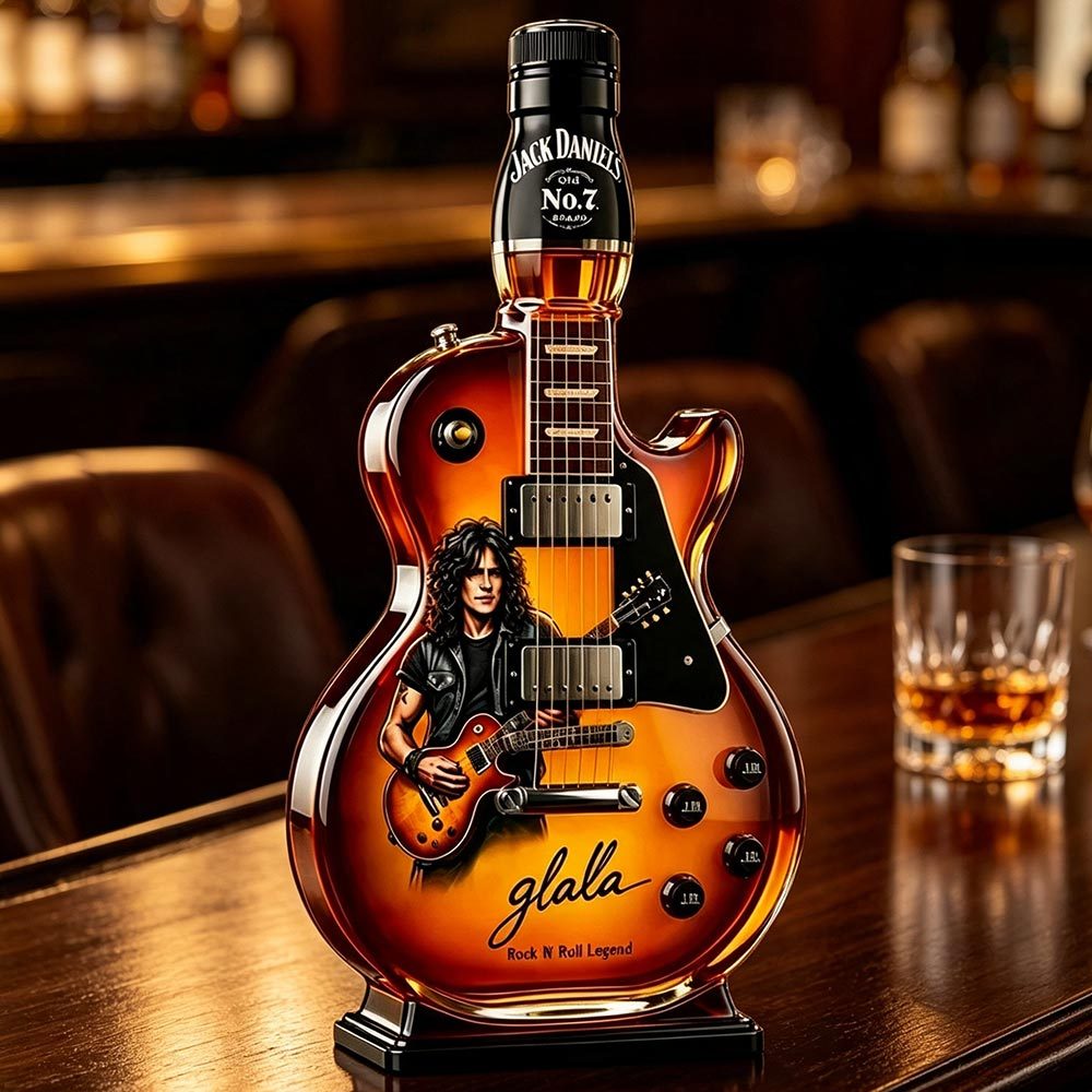 Rock Legend Print Guitar‑Shaped Wine Bottle, Unique Jack‑Daniels‑Style Glass Whisky Decanter Collect