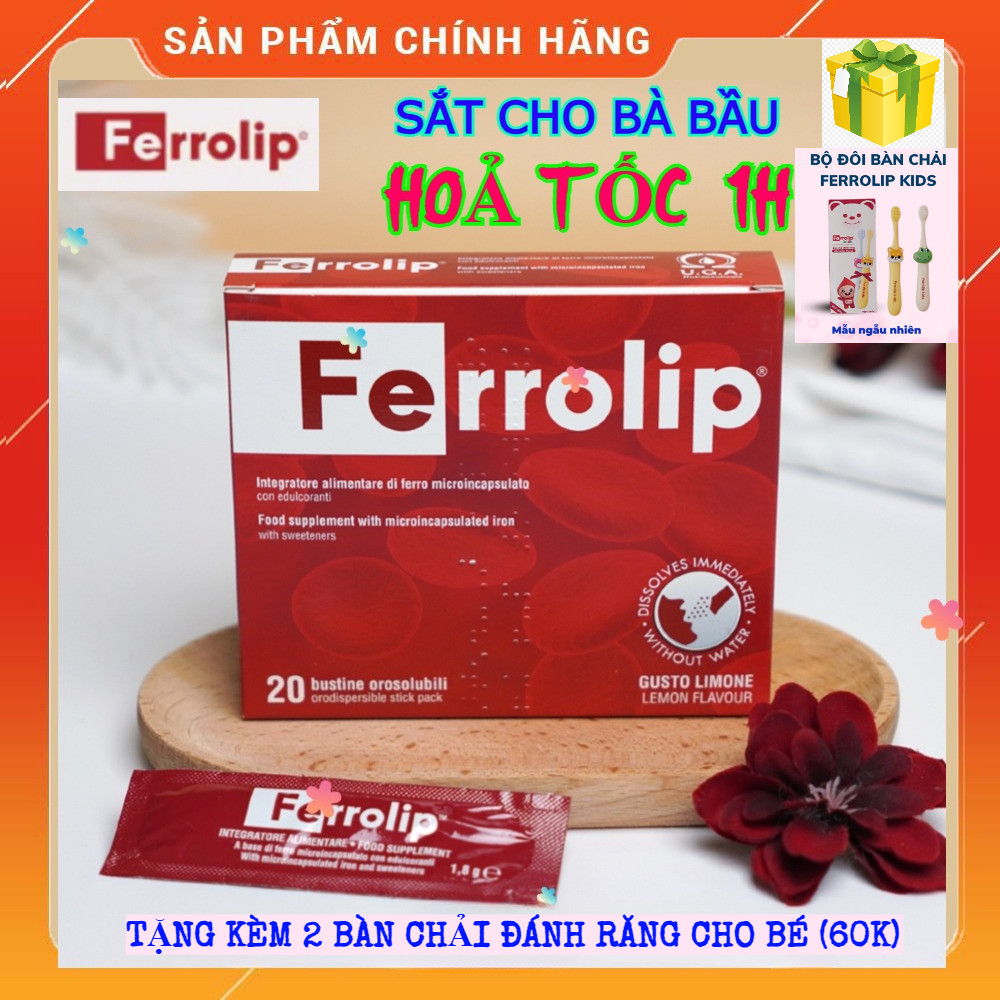 (HoảTốc) TẶNG 2 BÀN CHẢI Sắt bà bầu Ferrolip Sắt sinh học hộp 20 gói cho bà bầu người thiếu máu thiế