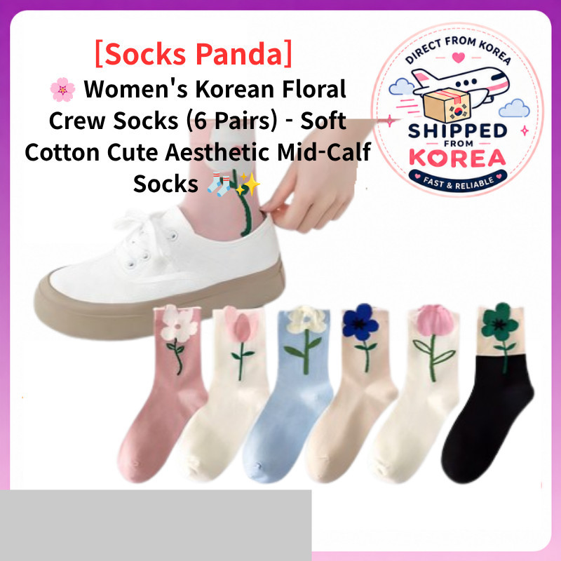 [Socks Panda] Women's Korean Floral Crew Socks (6 Pairs) - Soft Cotton Cute Aesthetic Mid-Calf Socks
