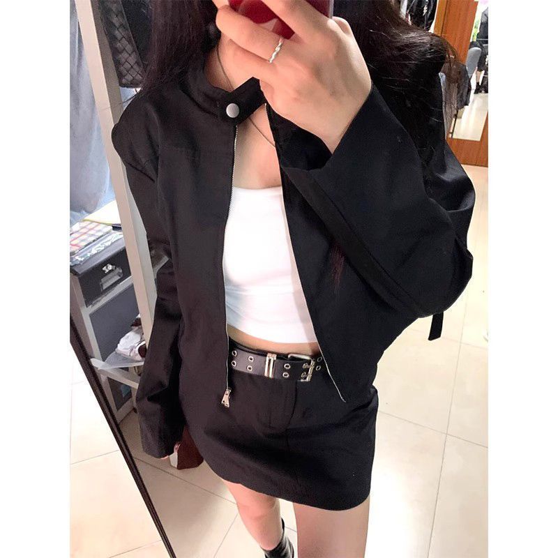 Mỹ Retro Hot Girl Đen Áo Khoác Ngắn Nữ Xuân Thu Slim fit Đứng Cổ Áo 8.14