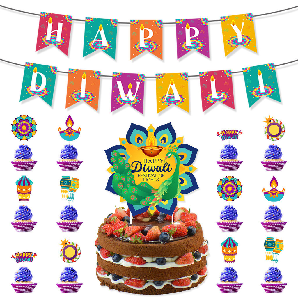 Ấn Độ Hàng Ánh Sáng Lễ Hội Chủ Đề Tiệc Trang Trí HAPPY DIWALI Thư Kéo Cờ Biểu Ngữ Bánh Thẻ Bộ