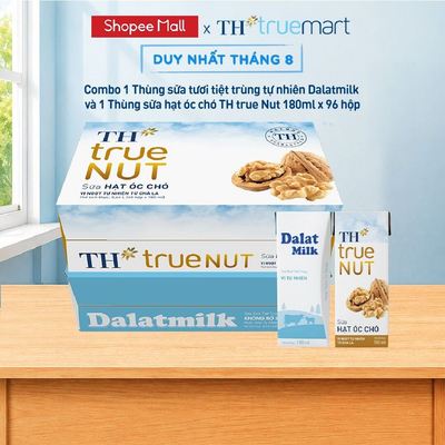 Combo 1 Thùng sữa tươi tiệt trùng tự nhiên Dalatmilk và 1 Thùng sữa hạt óc chó TH true Nut 180ml x 96 hộp