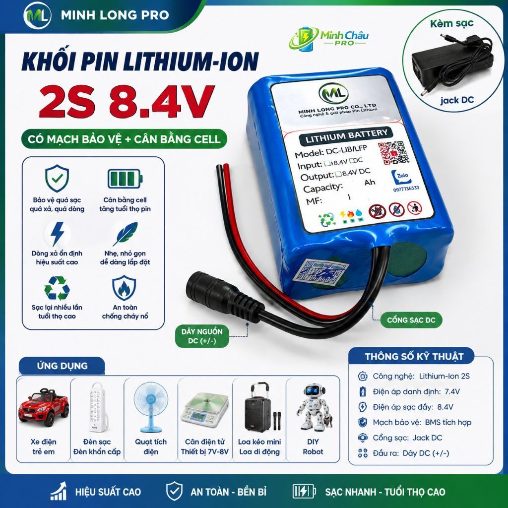 Pin Lithium-Ion 2S 7.4V - 8.4V 10Ah Cho Xe Điện Trẻ Em, Loa Kéo, Đèn Quạt, Robot, Cân Điện Tử, DIY
