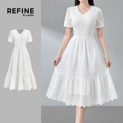 (Refine by Lovito) Đầm Thường Ngày Bằng Vải Cotton Thêu Lỗ Màu Trắng Thích Hợp Cho Mùa Xuân/hè Dành Cho Nữ Công sở LR26ED067