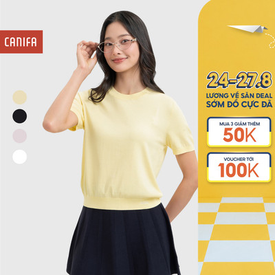 Áo len nữ CANIFA cổ tròn cộc tay dáng basic trơn chất liệu mềm mỏng nhẹ 6TE26S001