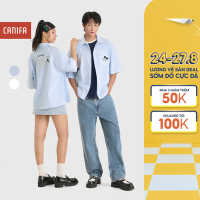 Áo sơ mi unisex người lớn CANIFA cổ bẻ cộc tay kẻ sọc in hoạ tiết Mickey 5TH26S001