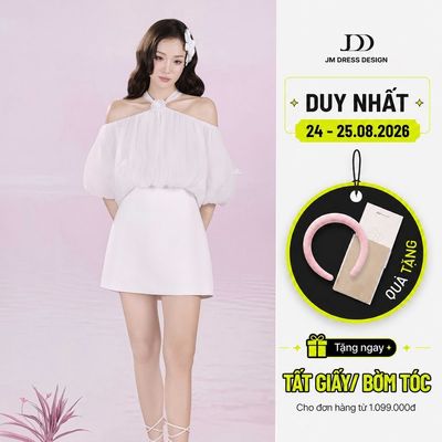 Áo Trễ Vai Giật Bom Voan Cổ Yếm Phối Hoa Tay Phồng 2T35.2507OG, Áo Trễ Vai Dáng Croptop Thiết Kế Bởi JM Dress Design