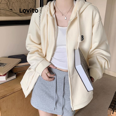 (Phong cách thường ngày) Lovito Áo nỉ thông thường có dây kéo chữ cho nữ LNA39203 (Mai)