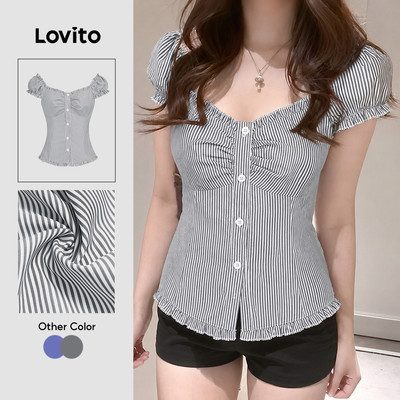 Áo kiểu nữ Lovito xếp ly nút kẻ sọc phong cách thường ngày L133AD630