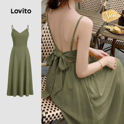 (New Arrival) Lovito Đầm Boho Buộc Dây Sau Xếp Ly Màu Xanh Lá Cây Thích Hợp Mặc Đi Làm Mùa Xuân/hè Cho Nữ DRB198P1D462