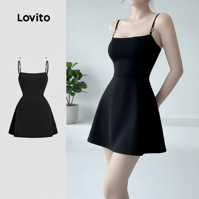 Lovito Phong cách thường ngày Đầm Mùa Xuân/Hè Cổ Điển Cho Nữ Khóa Kim Loại Dây Đeo Vai Có Thể Điều Chỉnh Màu Đen Mã L134ED1004