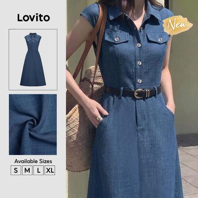 (New Arrival) Lovito Váy liền thường ngày có túi khóa kim loại túi giả màu xanh dương mùa xuân/hè dành cho nữ (không Kèm Thắt Lưng) DRK8BR077