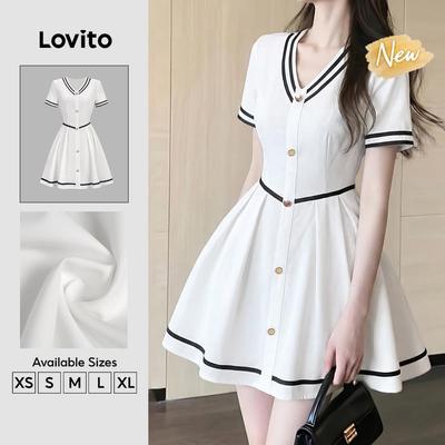 (New Arrival) Lovito Váy trắng mùa xuân/hè nữ phối màu bèo nhún dáng thanh lịch DRK8P2D649