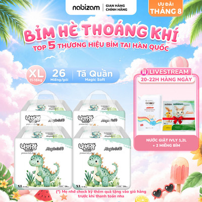 Combo 4 Tã/Bỉm Quần NABIZAM Magic Soft Mềm Mỏng, Rãnh Chống Tràn, Thấm Hút Nhanh Size XL Cho Bé 11-16kg, 26 Miếng/Bịch