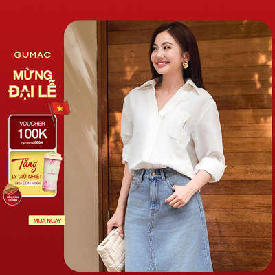Áo sơ mi nữ Gmorning - GUMAC tay dài cổ tim xẻ V có túi phía trước có túi  YAF12091