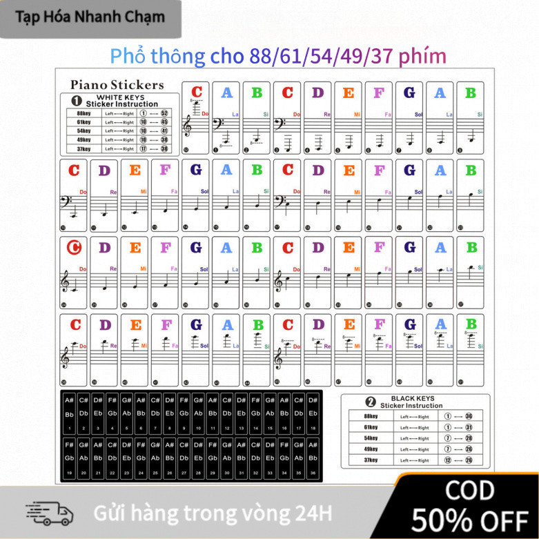 [COD] Sticker dán phím đàn Organ – Hợp 37 49 54 61 76 88 phím
