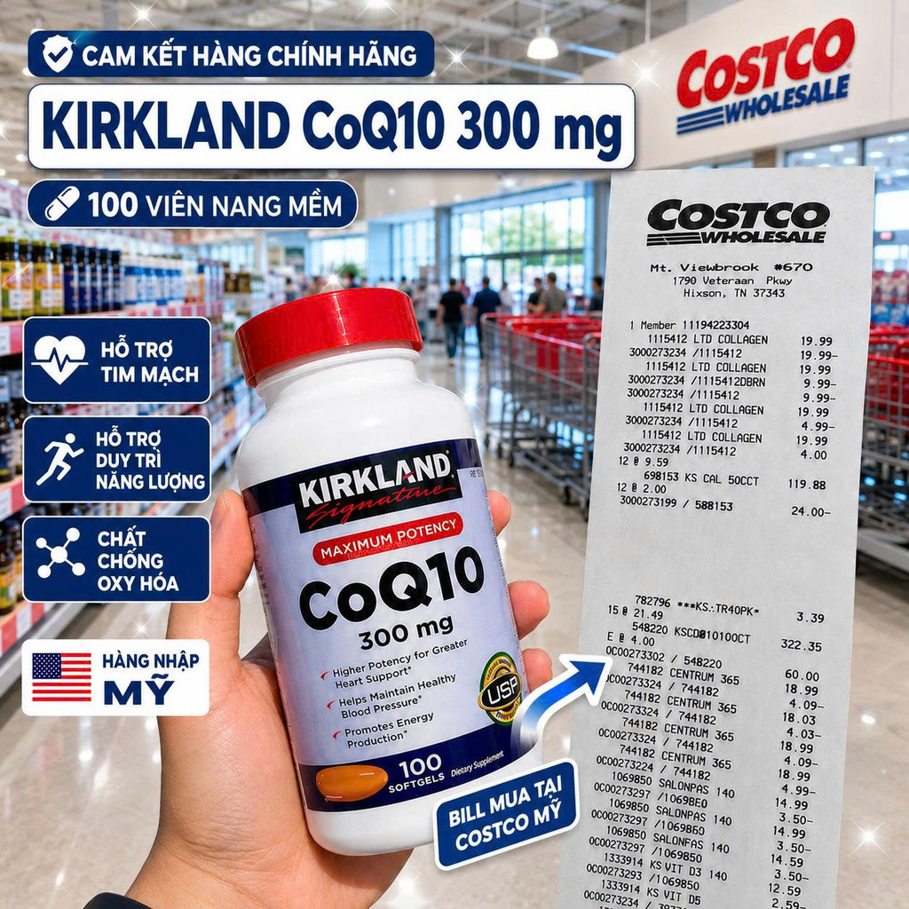 [HÀNG MỸ] Viên Uống Bổ Tim Mạch & Huyết Áp Kirkland Signature CoQ10 300mg Maximum Potency (Chai 100 