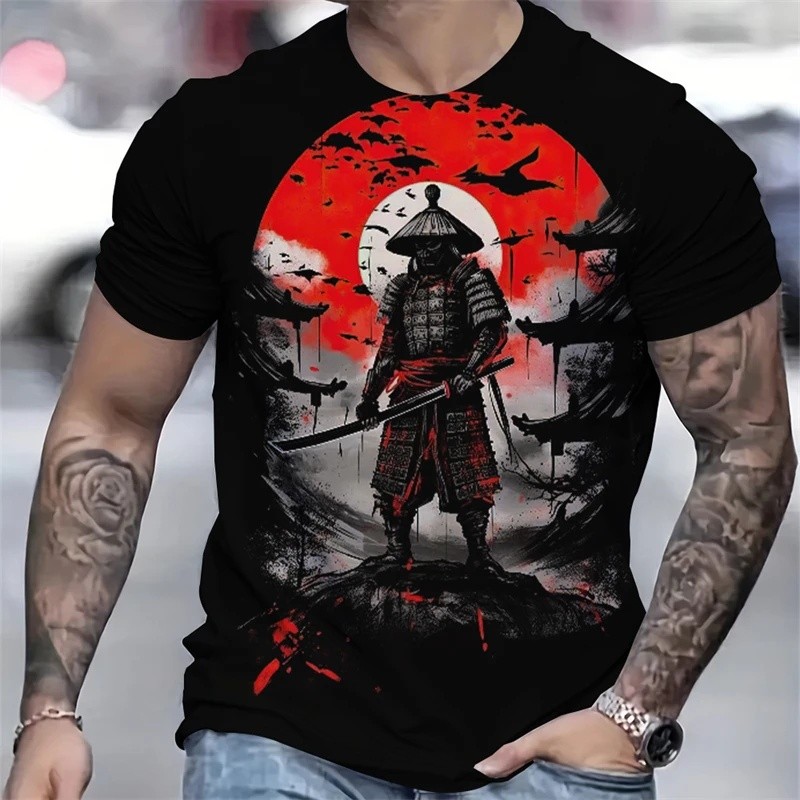 Xu Hướng Nhật Bản Samurai Đồ Họa Áo Sơ Mi Nam Thời Trang Mùa Hè Tay Ngắn 3D In Hình Trẻ Em Tee Mát Dạo Phố Bông Tai Kẹp Áo