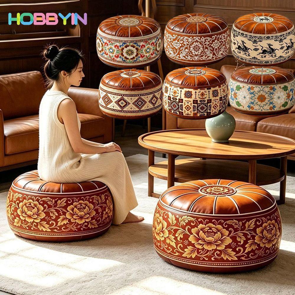 HOBBYIN Storage Ottoman, Hình Tròn Thêu Họa Tiết Có Thể Lấp Đầy Ottoman Pouf, Phong Cách Ma-rốc Da P
