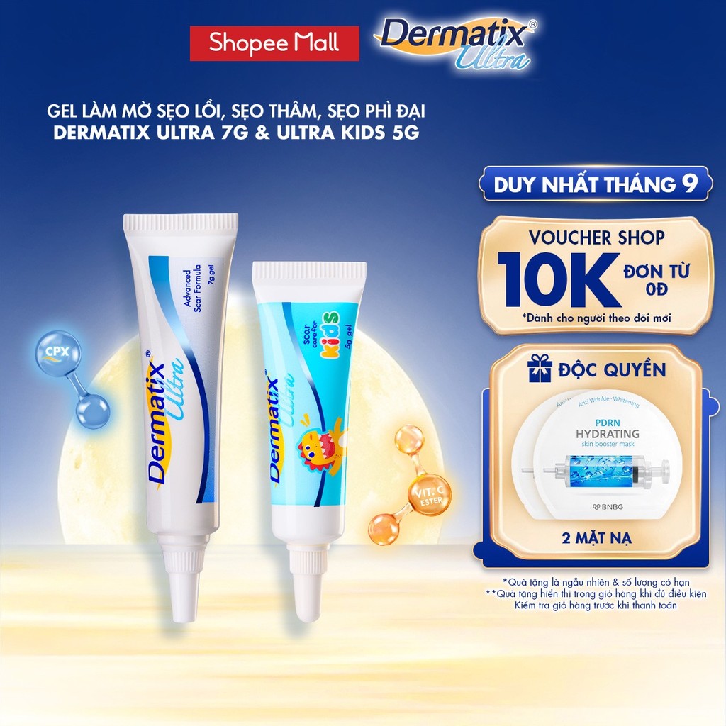 Combo gel làm mờ sẹo lồi, sẹo thâm Dermatix Ultra 7g cho người lớn & Dermatix Ultra Kids 5g cho trẻ 