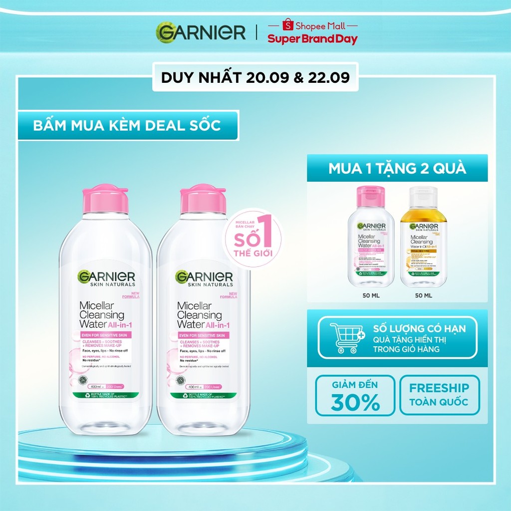 Bộ 2 nước làm sạch và tẩy trang cho da nhạy cảm (nắp hồng) Garnier 400ml x 2