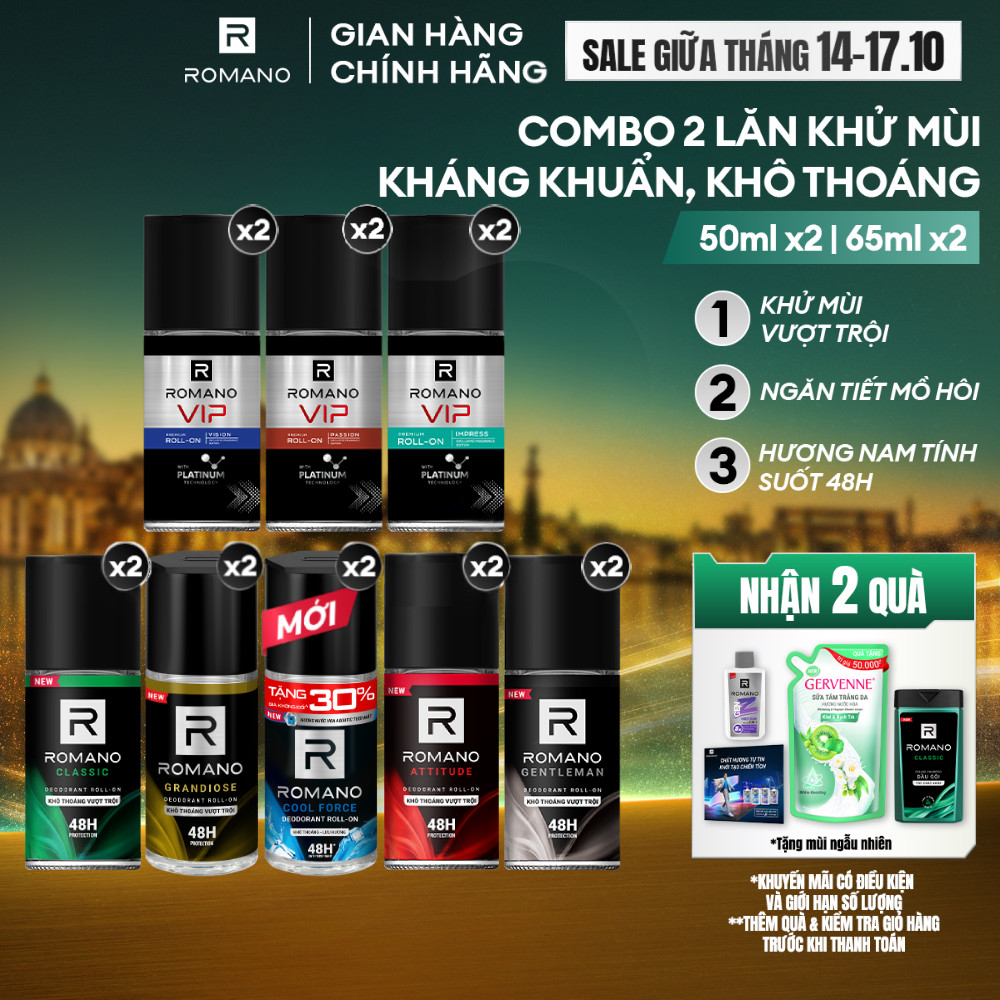 Combo 2 Lăn khử mùi Romano Khử mùi vượt trội, Hương nam tính suốt 48H 50ml /…