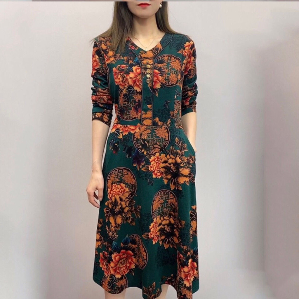Qipao Dress Mama (❈ 🍎) Đầm dài vừa phải chữ A mới mùa thu cho mùa xuân thu, váy cỡ lớn dành cho nữ t