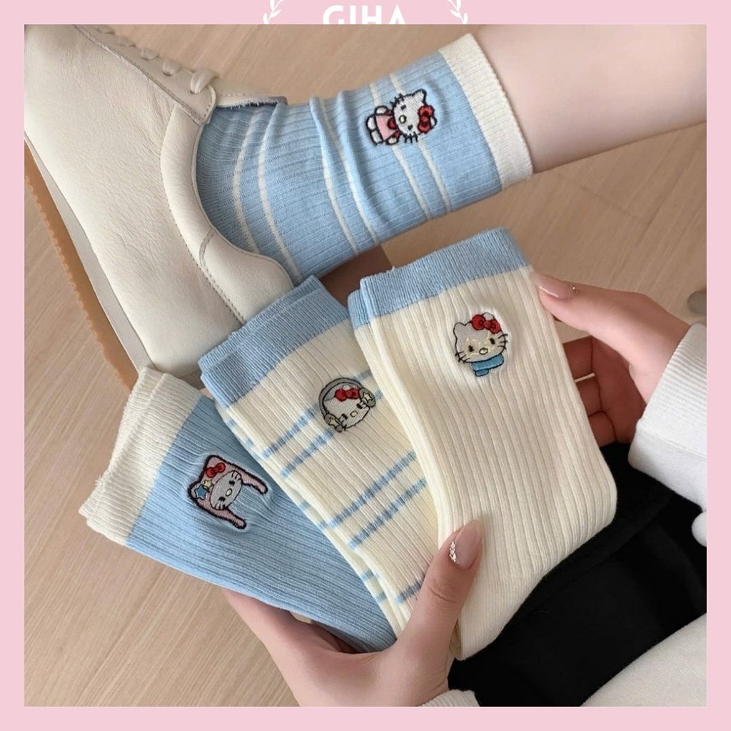 Set 4 Đôi Tất/ Vớ Cổ Cao Nữ Cotton Gân Tăm Họa Tiết Mèo Hello Kitty Tone Xanh Thời Trang Dễ Thương H