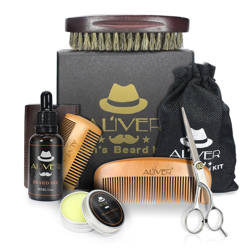 Hot Sale#Beard Care Set with Pig Hair Beard Brush and Styling Scissors8Set of Pear Wood Double-Sided