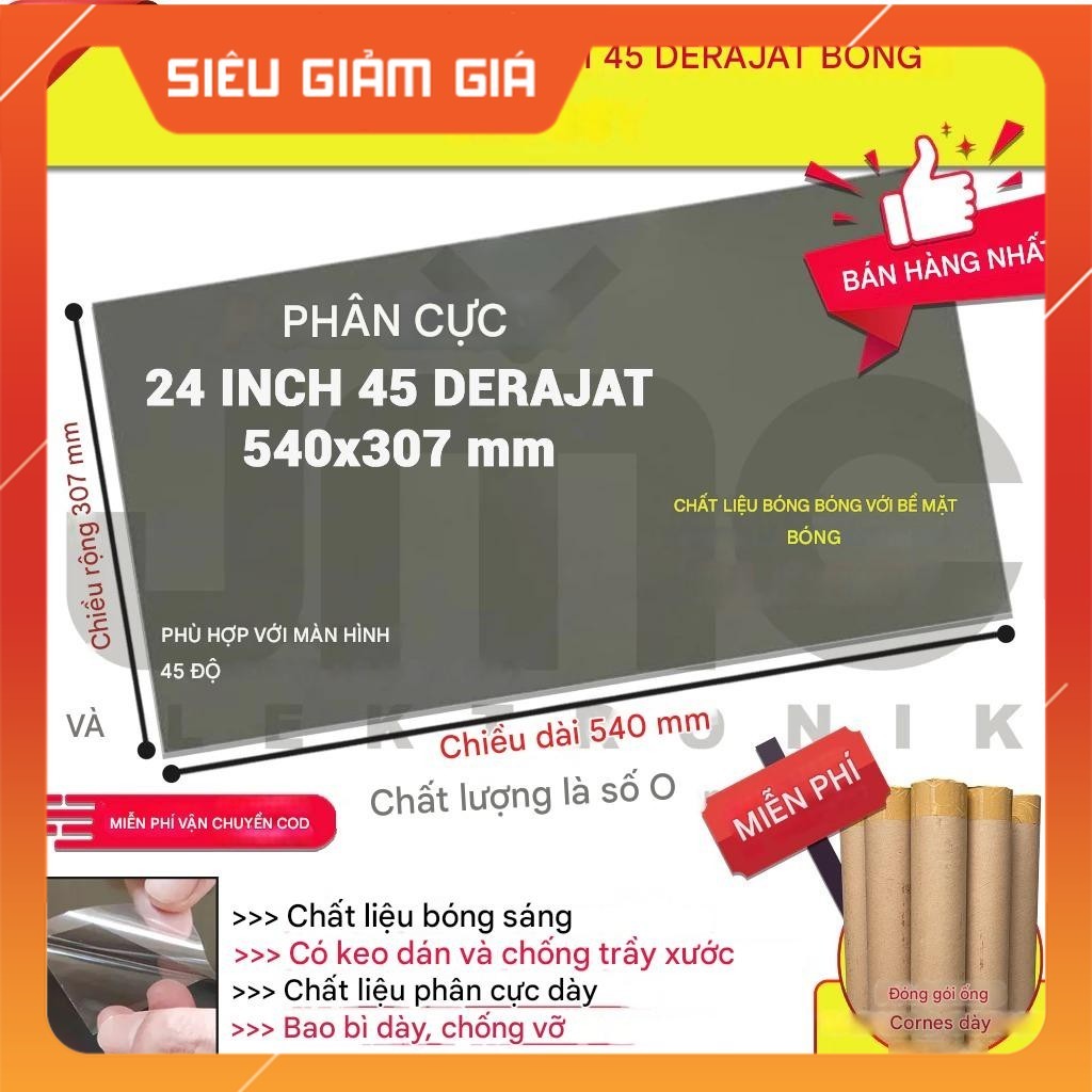 Tấm Polarizer LCD 24 Inch 45° – 540×307mm Cao Cấp | Kèm Keo Dán, Chống Chói, Hiển Thị Chuẩn Màu – Nh