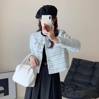  áo khoác caro xanh dương dạ tweed nữ hàn quốc dễ thương áo khoác thu ngoài mỏng cardigan y2k ôm body 