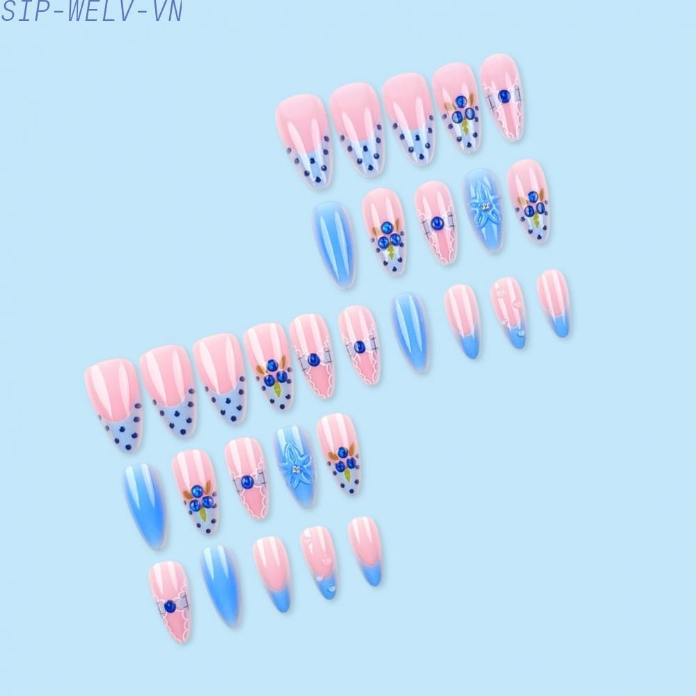 {WELV}3D Blueberry Flower FOR french Press On Nails 30PCS Thin Fake Nails Sweet Cute