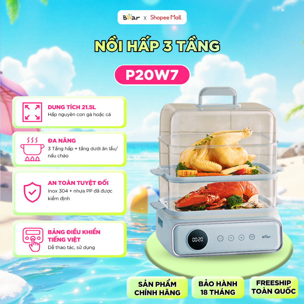 Nồi Hấp 3 Tầng Bear Dung Tích 21.5L Nồi Lẩu Điện Kèm Hấp DZG-P20W7