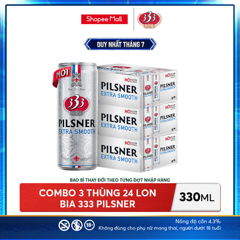 Nồng Độ Cồn 4.3% - Combo 3 Thùng 24 Lon Bia 333 Pilsner 330ml