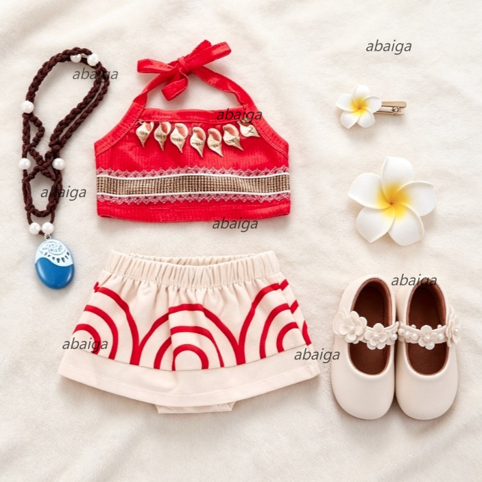 Moana Trang Phục Nhân Vật Cho Bé Gái Mùa Hè Crop Top Váy Quần Short Vòng Cổ Kẹp Tóc Bộ Moana Đầm Cho