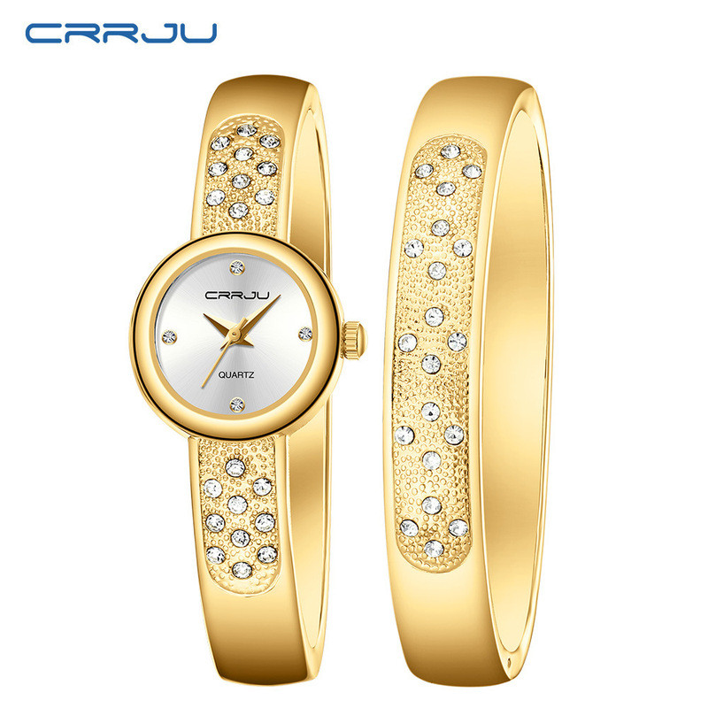 Hàng sẵn có Vận chuyển nhanh CRRJU / Kajun 5051 Đồng hồ nữ nước kim cương tiếng Anh Đồng hồ nữ vàng 