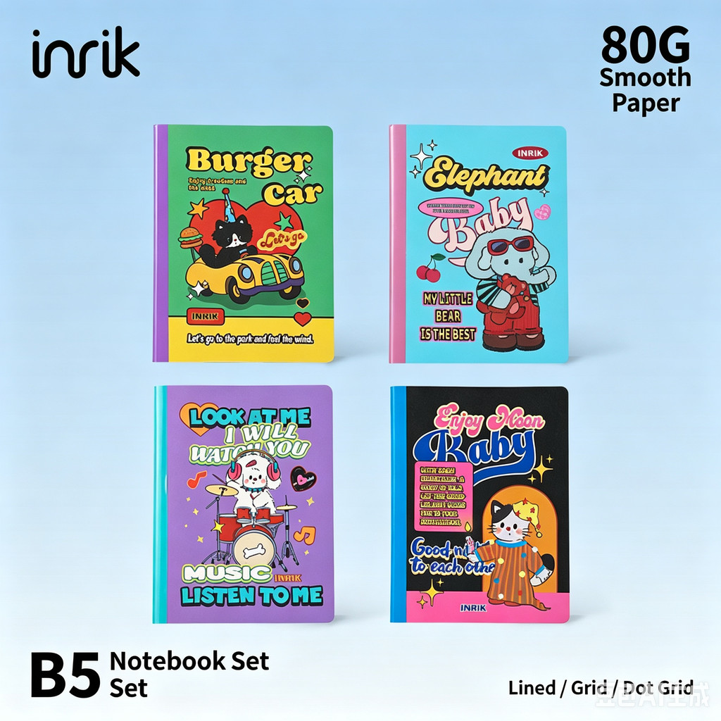 INRIK Phim hoạt hình B5 Máy tính xách tay may, Lineed Grid Dot Journal Notebook dành cho học sinh Vi
