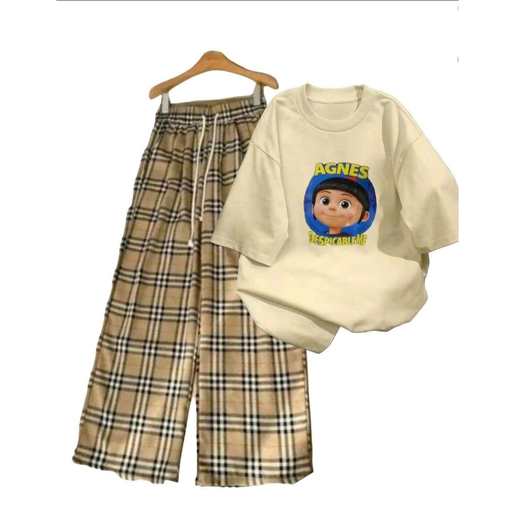 ( size 38-50kg ) Bộ đồ quần kẻ caro vàng dáng dài  + áo phông cotton hoạ tiết ANNES-thoitrang99